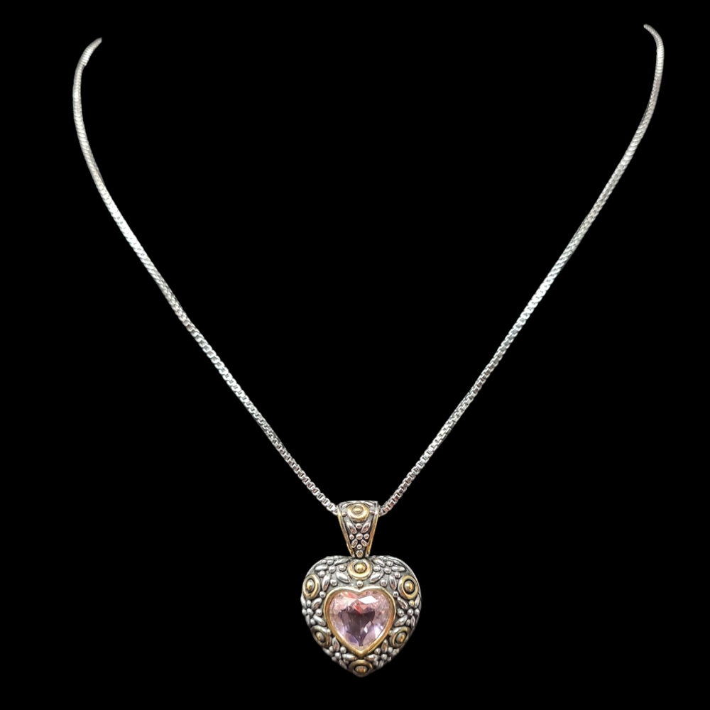 HEART PENDANT WITH HEART SHAPED PINK JEWEL - GOLDTONE AND SIKVERTONE NEC…